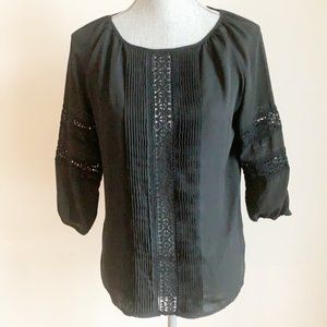 Catherine Malandrino black long sleeve crochet boho blouse